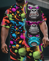 Men's Big & Tall Dreamy Cartoon Splicing Gorillas Print Short-Sleeved T-shirt & Short Set